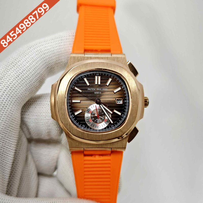 Patek Philippe Nautilus Polished Gold Brown Dial Orange Rubber Strap Swiss Automatic Watch
