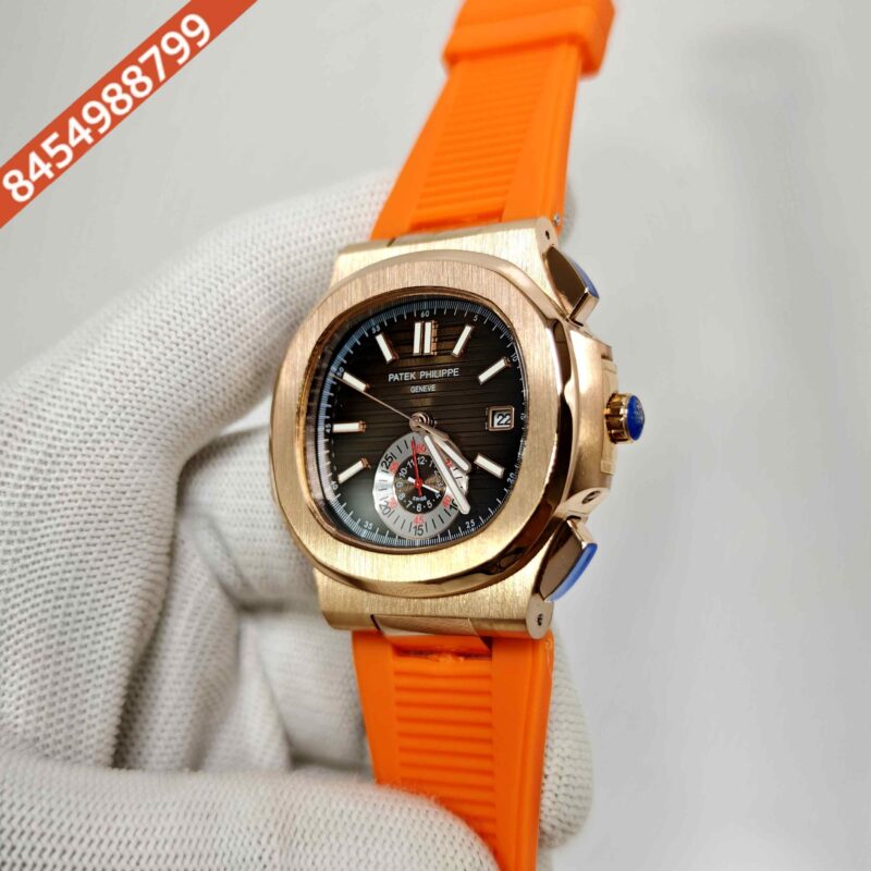 Patek Philippe Nautilus Polished Gold Brown Dial Orange Rubber Strap Swiss Automatic Watch - Image 2
