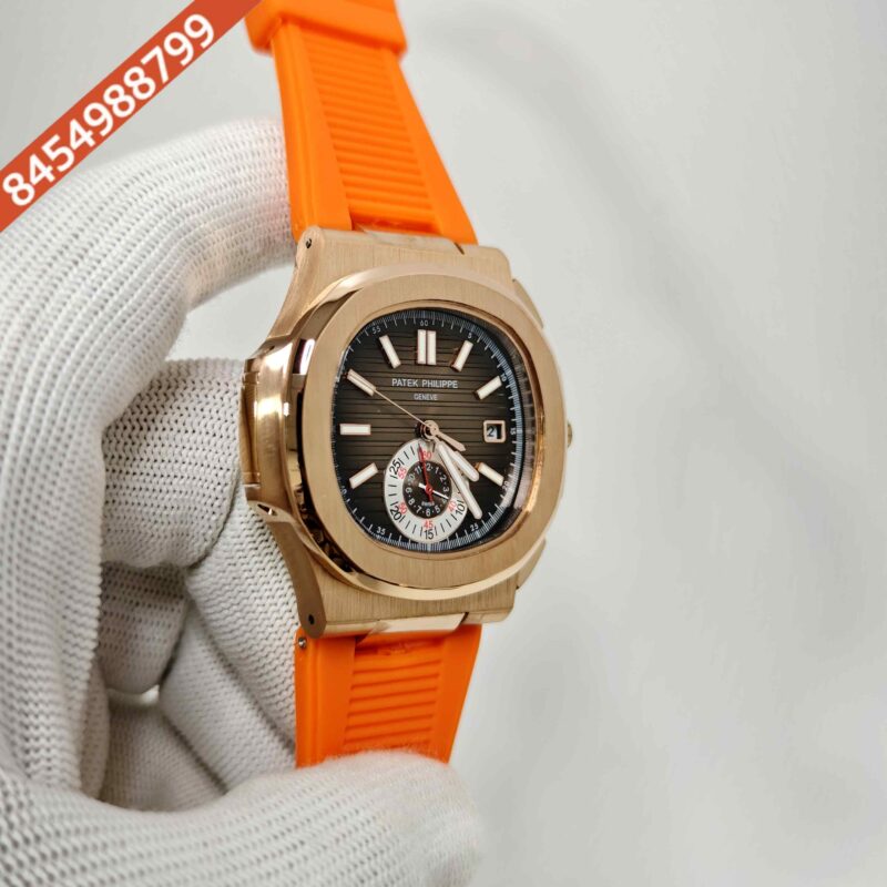 Patek Philippe Nautilus Polished Gold Brown Dial Orange Rubber Strap Swiss Automatic Watch - Image 3