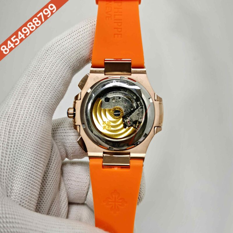 Patek Philippe Nautilus Polished Gold Brown Dial Orange Rubber Strap Swiss Automatic Watch - Image 4