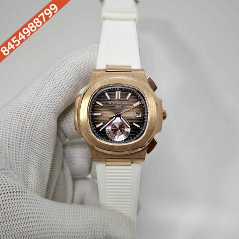 Patek Philippe Nautilus Polished Gold Brown Dial White Rubber Strap Swiss Automatic Watch