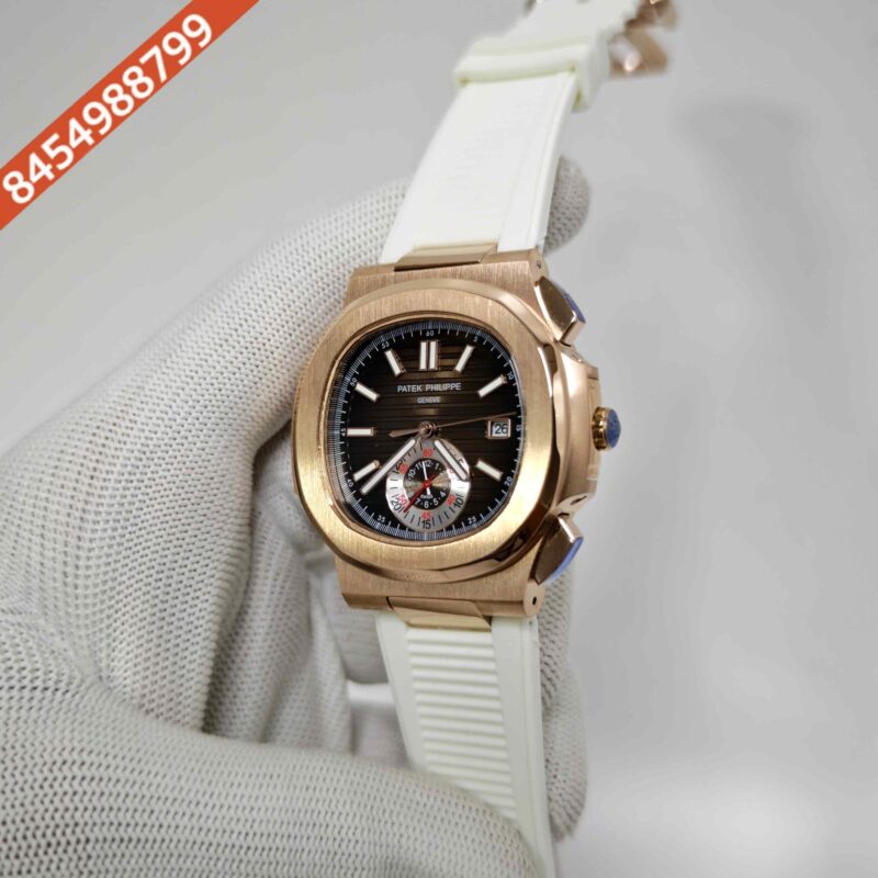 Patek Philippe Nautilus Polished Gold Brown Dial White Rubber Strap Swiss Automatic Watch - Image 2