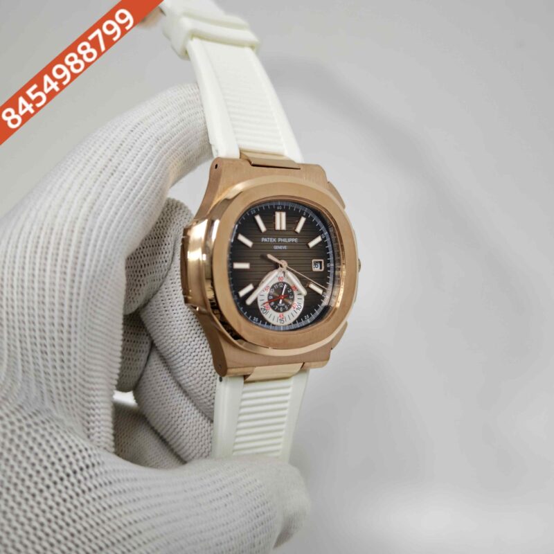 Patek Philippe Nautilus Polished Gold Brown Dial White Rubber Strap Swiss Automatic Watch - Image 3