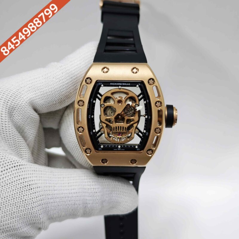 Richard Mille RM 052-01 Gold Ceramic Skull Dial Black Strap Swiss Automatic Watch