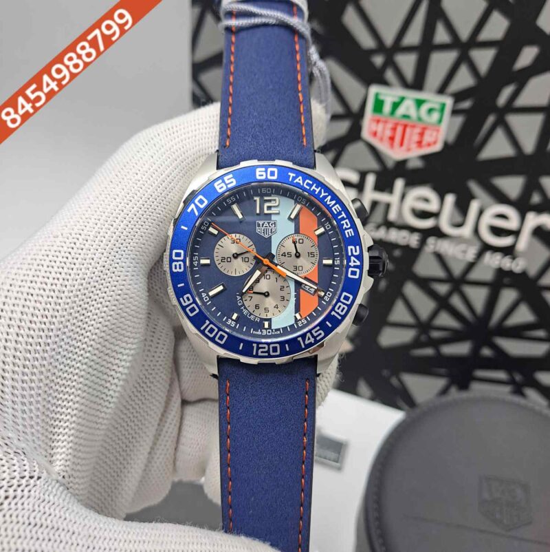 Tag Heuer Chronograph Formula 1 Gulf Special Edition Blue Dial Blue Leather Strap Store Quality Swiss Automatic Watch