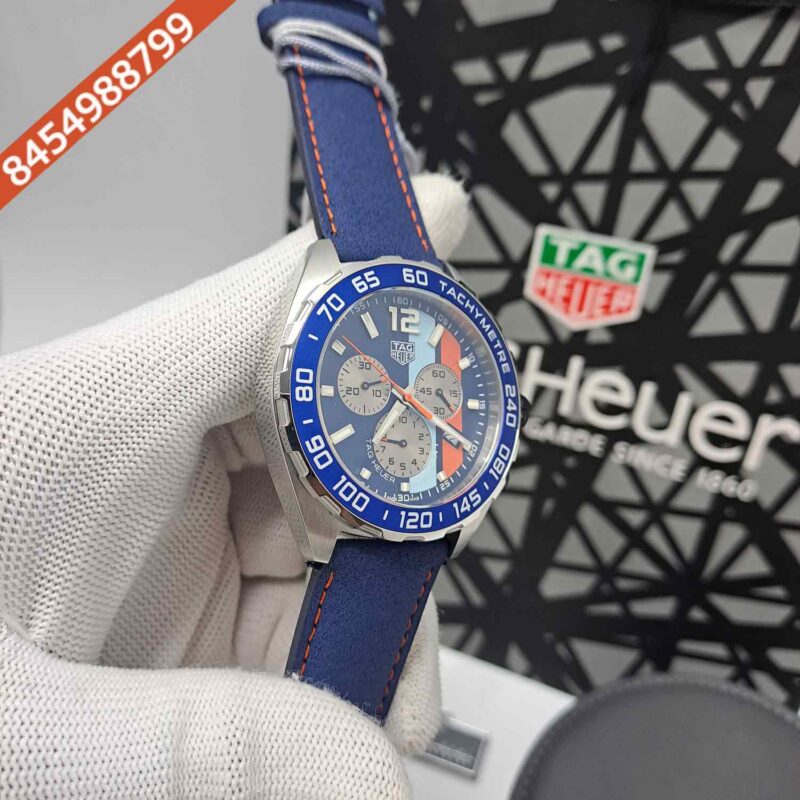 Tag Heuer Chronograph Formula 1 Gulf Special Edition Blue Dial Blue Leather Strap Store Quality Swiss Automatic Watch - Image 3