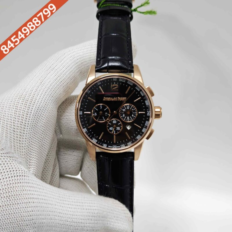Audemars Piguet Code 11.59 Automatic Chronograph Rose Gold Black Dial Leather Strap Swiss Automatic Watch