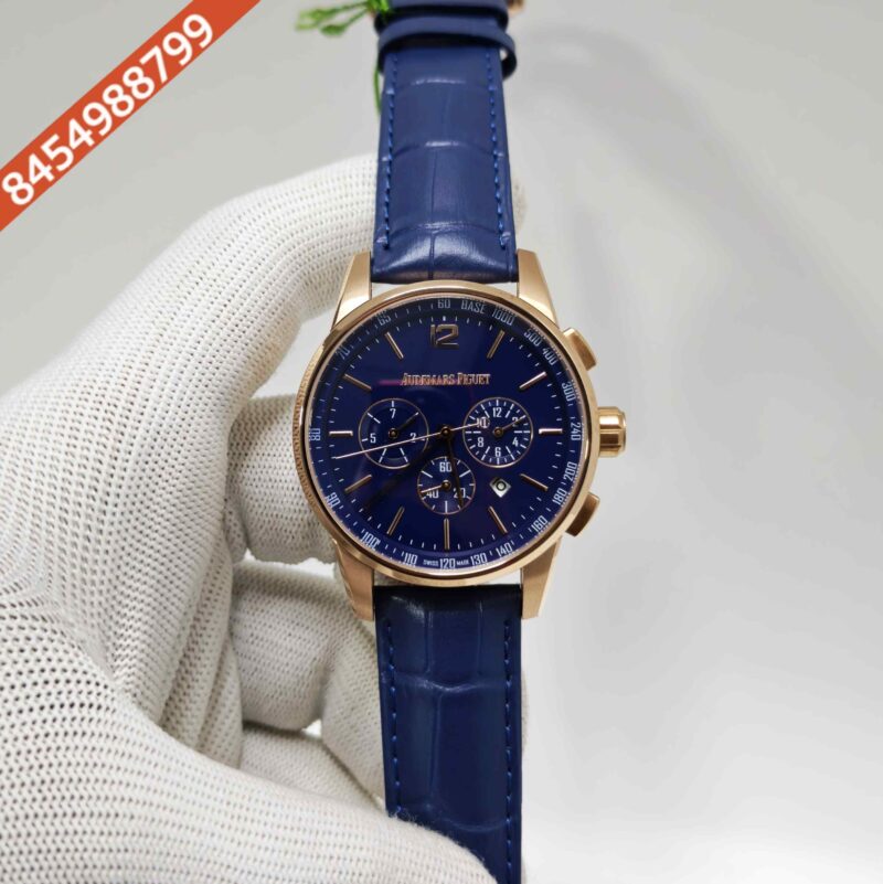 Audemars Piguet Code 11.59 Automatic Chronograph Rose Gold Blue Dial Leather Strap Swiss Automatic Watch