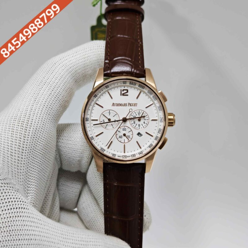 Audemars Piguet Code 11.59 Chronograph Rose Gold White Dial Leather Strap Swiss Automatic Watch