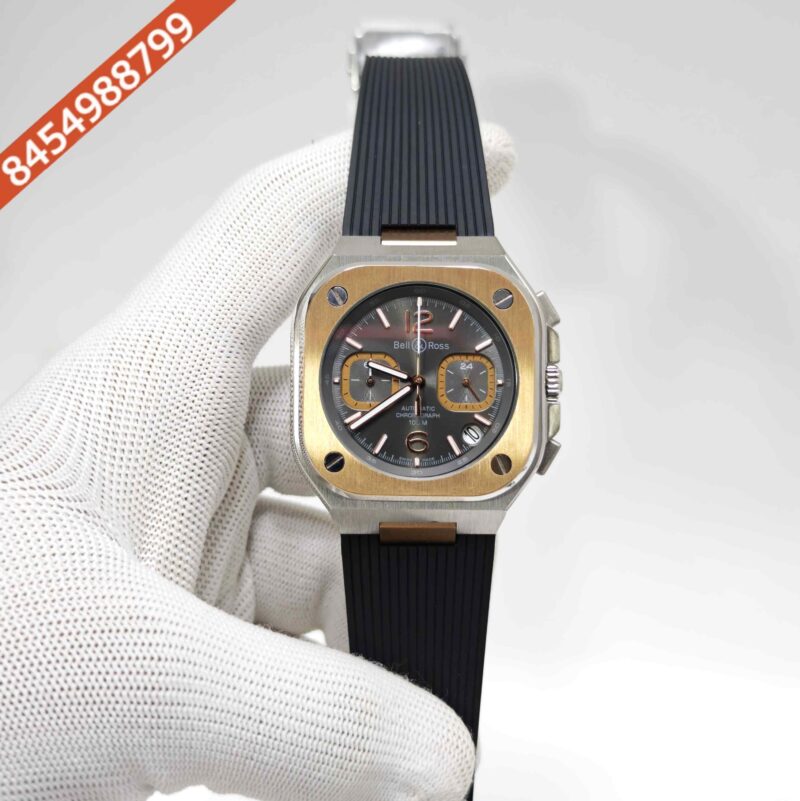 Bell & Ross Urban Chronograph Polished Gold Black Dial Silicone Strap Swiss Watch