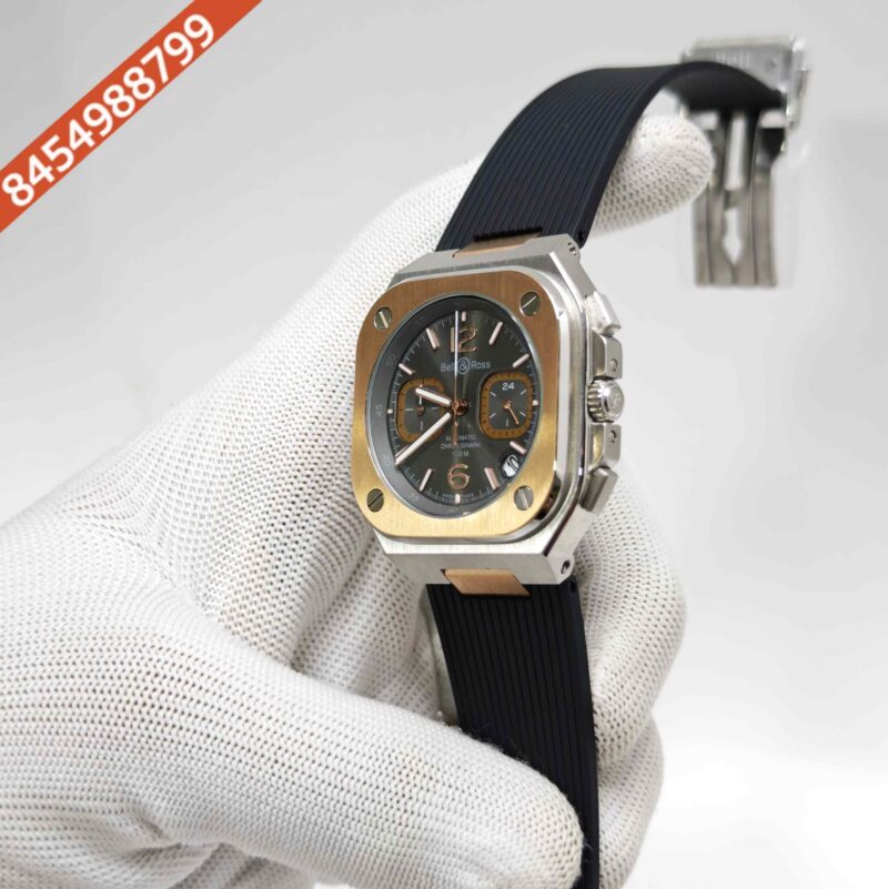 Bell & Ross Urban Chronograph Polished Gold Black Dial Silicone Strap Swiss Watch - Image 2