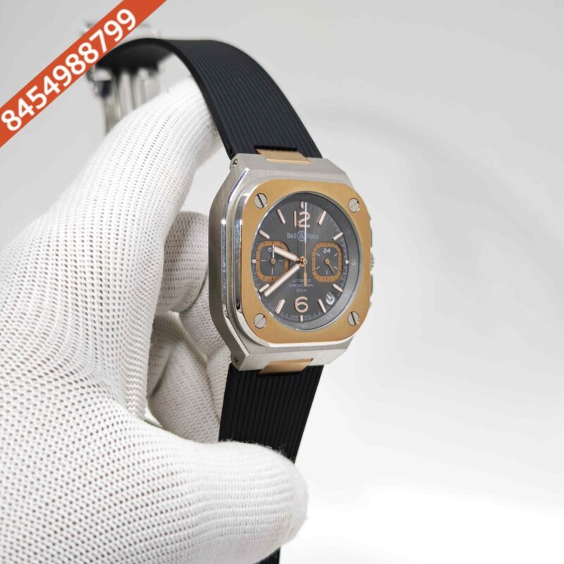 Bell & Ross Urban Chronograph Polished Gold Black Dial Silicone Strap Swiss Watch - Image 3