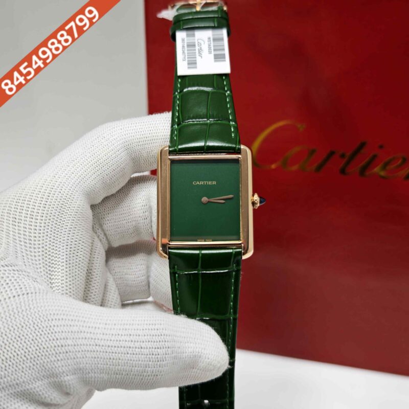 Cartier Tank Solo Polished Rose Gold Full Green Dial Leather Strap Swiss watch