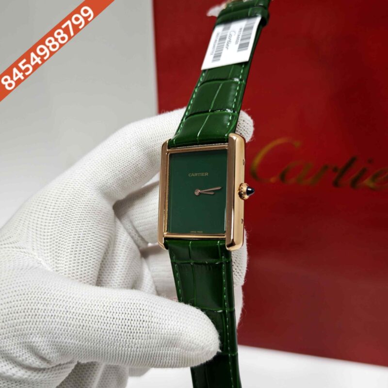 Cartier Tank Solo Polished Rose Gold Full Green Dial Leather Strap Swiss watch - Image 2