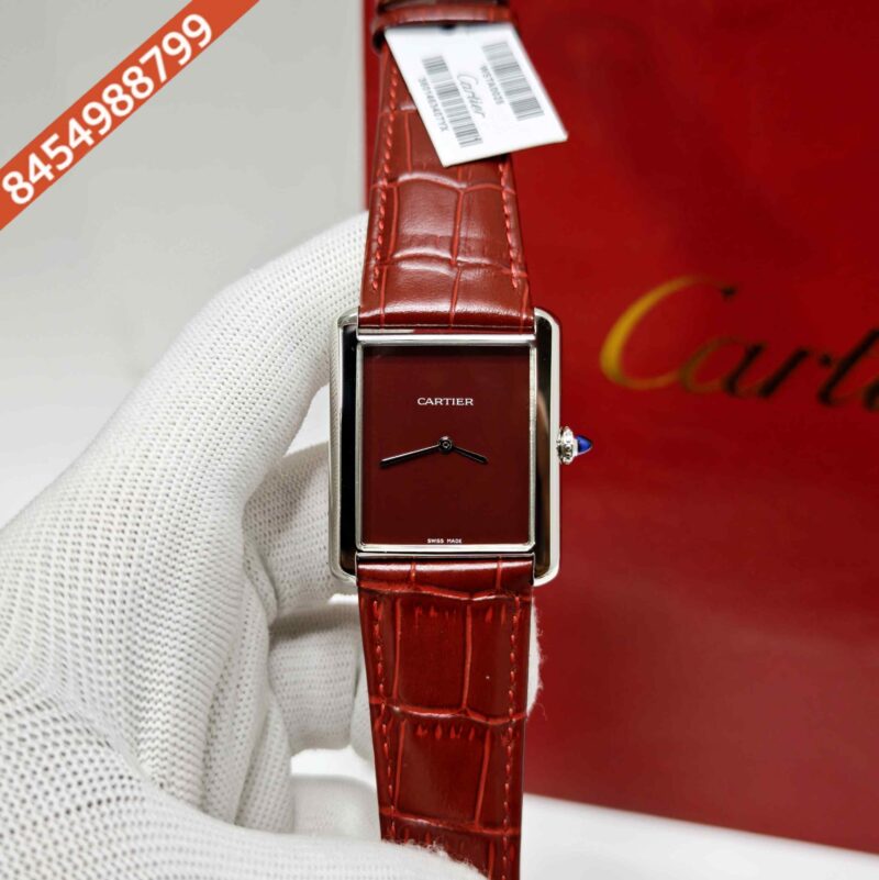 Cartier Tank Solo Steel Red Dial Leather Strap Swiss watch