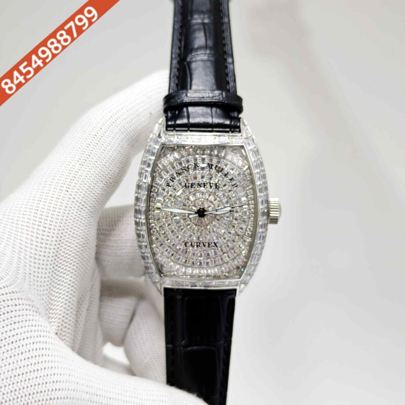 Franck Muller Casablanca Silver White Diamond Dial Black Leather Strap Swiss Automatic Watch