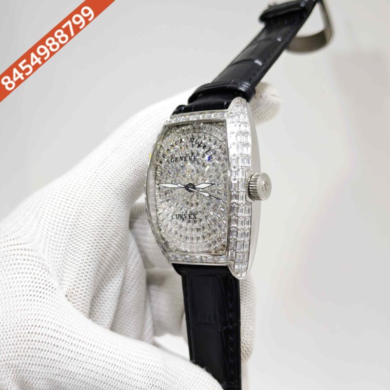 Franck Muller Casablanca Silver White Diamond Dial Black Leather Strap Swiss Automatic Watch - Image 2