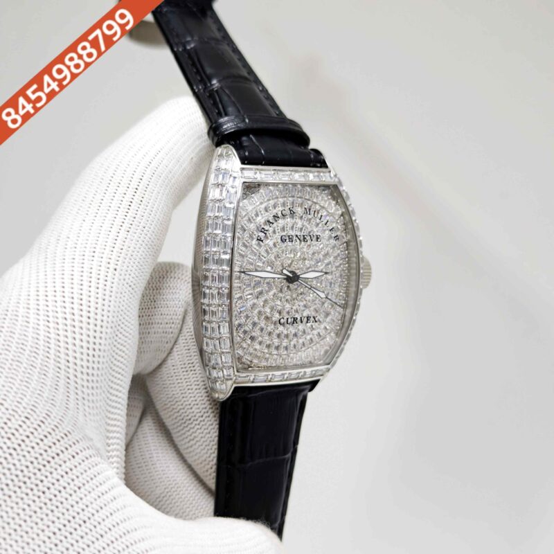 Franck Muller Casablanca Silver White Diamond Dial Black Leather Strap Swiss Automatic Watch - Image 3