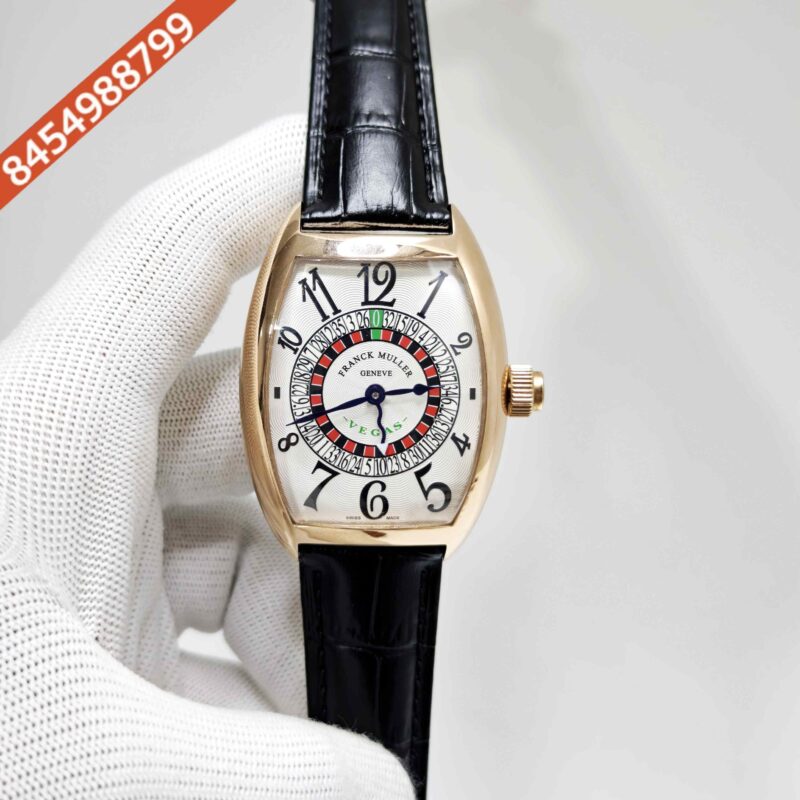Franck Muller Casablanka Vegas Rose Gold White Dial Black Leather Strap Swiss Automatic Watch