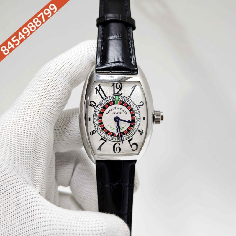 Franck Muller Casablanka Vegas Steel White Dial Black Leather Strap Swiss Automatic Watch