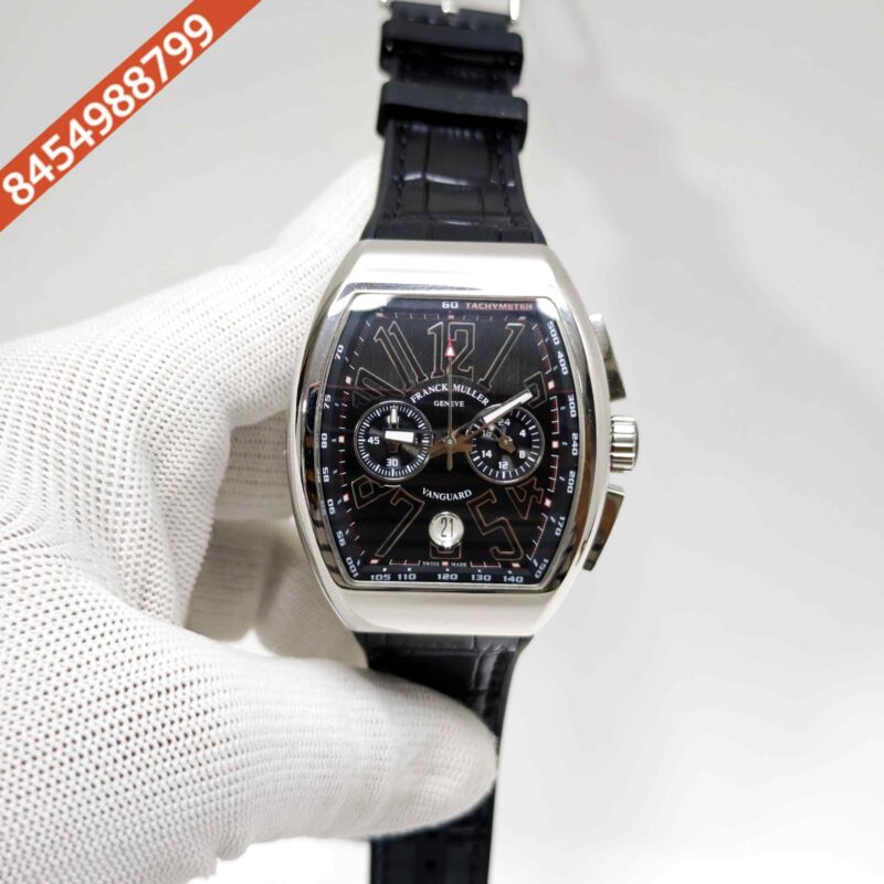 Franck Muller VANGAURD Chronograph Steel Black Dial Black Leather Strap Swiss Watch