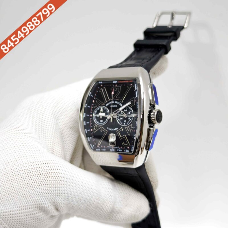 Franck Muller VANGAURD Chronograph Steel Black Dial Black Leather Strap Swiss Watch - Image 2