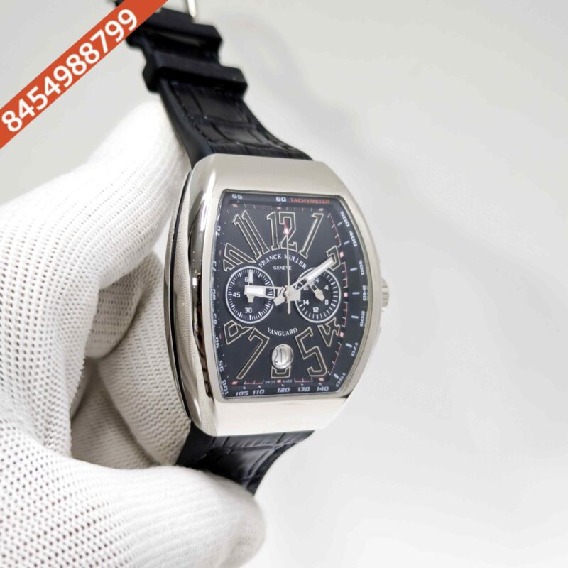 Franck Muller VANGAURD Chronograph Steel Black Dial Black Leather Strap Swiss Watch - Image 3