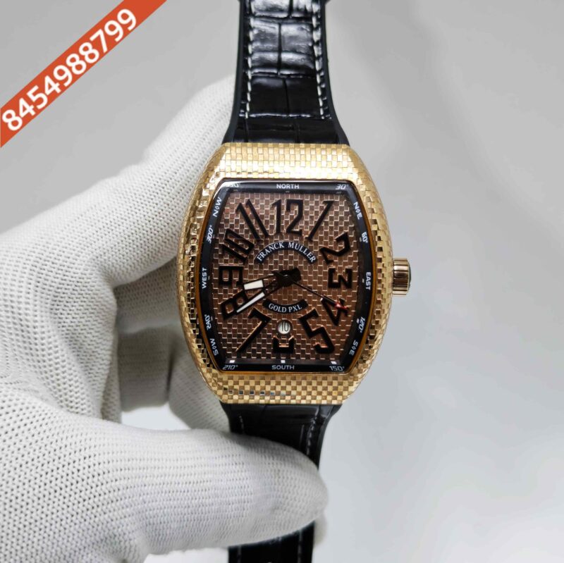 Franck Muller Vanguard Gold PXL Gold Dial Black Leather Strap Swiss Automatic Watch