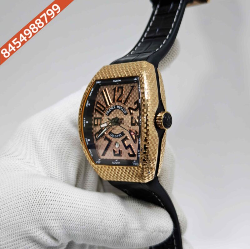 Franck Muller Vanguard Gold PXL Gold Dial Black Leather Strap Swiss Automatic Watch - Image 2