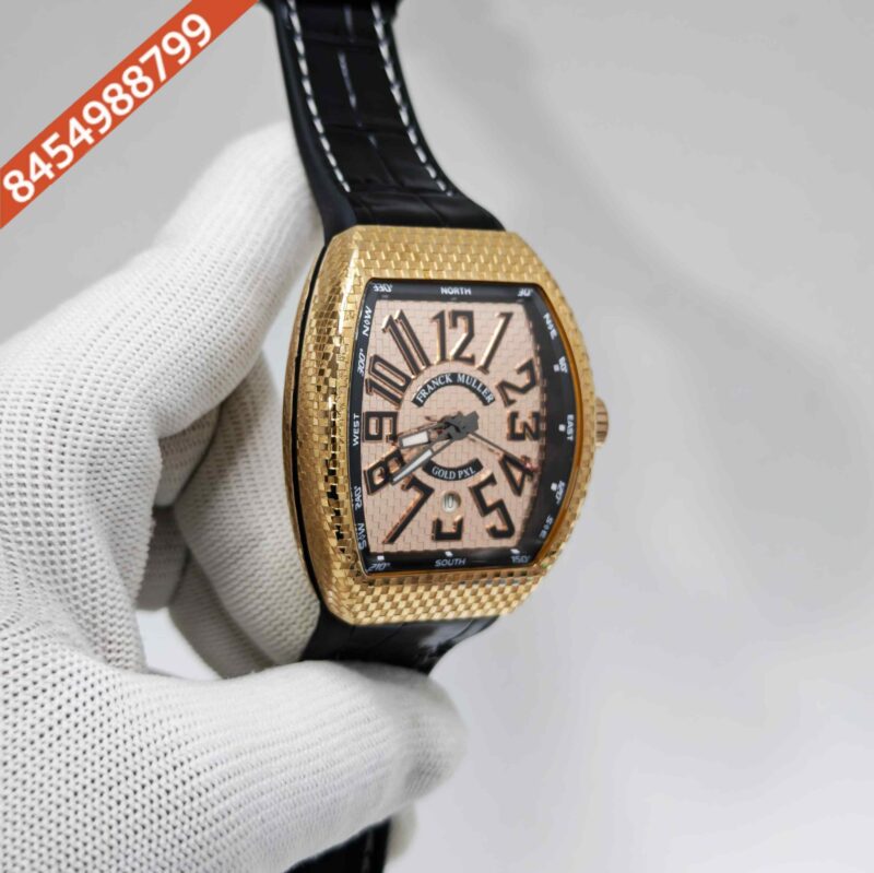 Franck Muller Vanguard Gold PXL Gold Dial Black Leather Strap Swiss Automatic Watch - Image 3