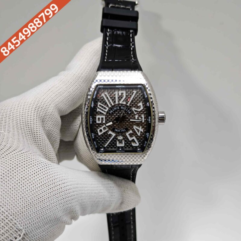 Franck Muller Vanguard Iron PXL Steel Silver Dial Black Leather Strap Swiss Automatic Watch