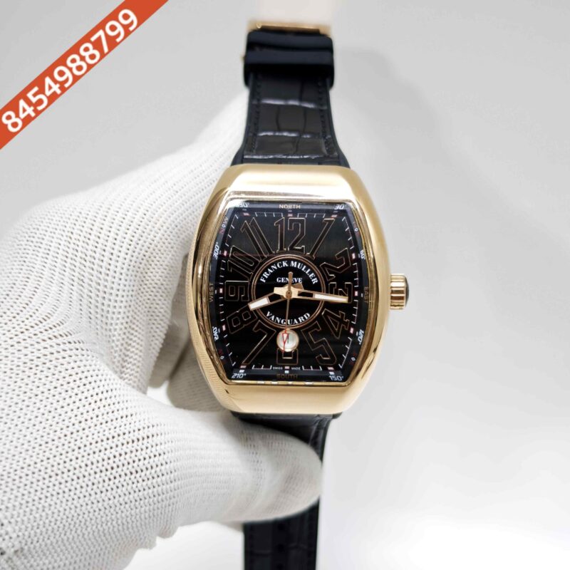 Franck Muller Vanguard Yachting Gold Black Dial Leather Strap Swiss Automatic Watch