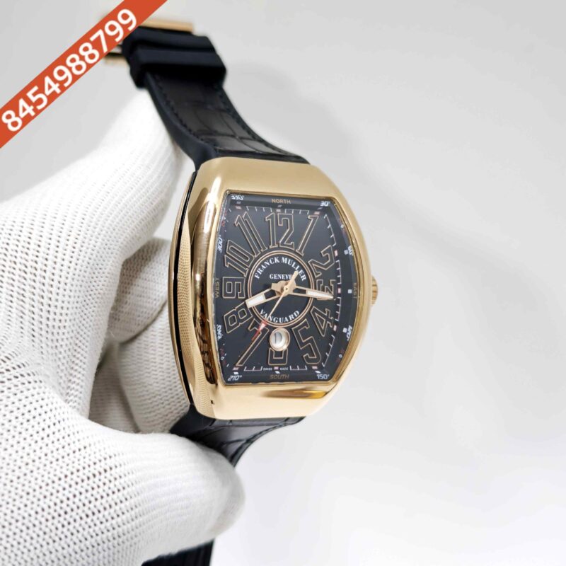 Franck Muller Vanguard Yachting Gold Black Dial Leather Strap Swiss Automatic Watch - Image 3