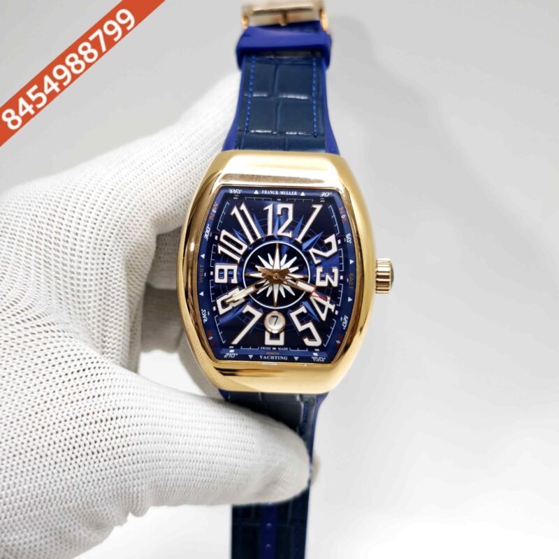 Franck Muller Vanguard Yachting Gold Blue Dial Leather Strap Swiss Automatic Watch