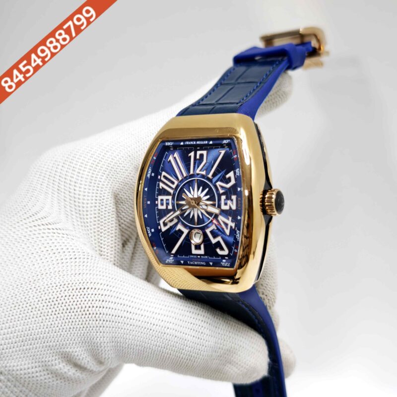 Franck Muller Vanguard Yachting Gold Blue Dial Leather Strap Swiss Automatic Watch - Image 2