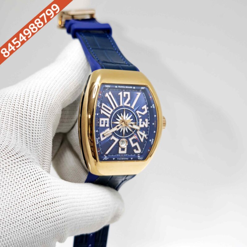 Franck Muller Vanguard Yachting Gold Blue Dial Leather Strap Swiss Automatic Watch - Image 3