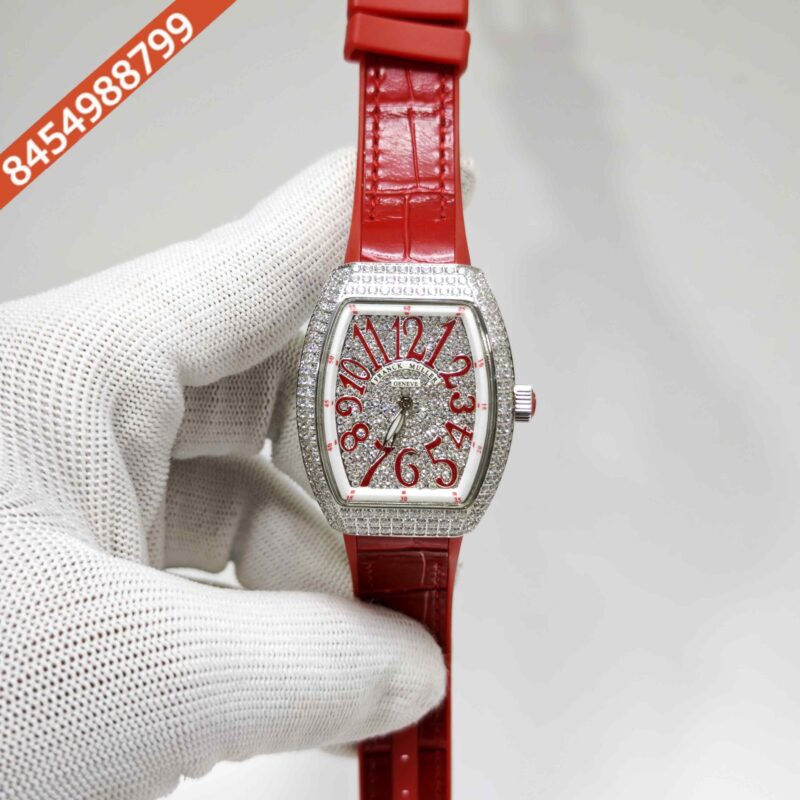 Franck muller cheap vanguard full diamond Steel Whte Diamond Dial Red Leather Strap Swiss Automatic Watch