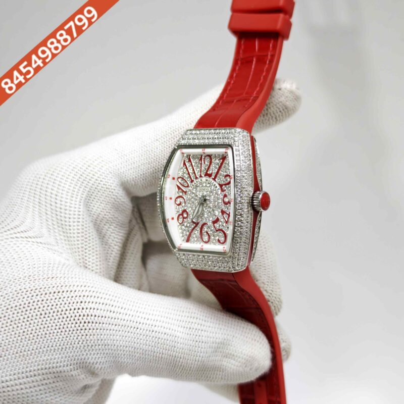 Franck muller cheap vanguard full diamond Steel Whte Diamond Dial Red Leather Strap Swiss Automatic Watch - Image 2