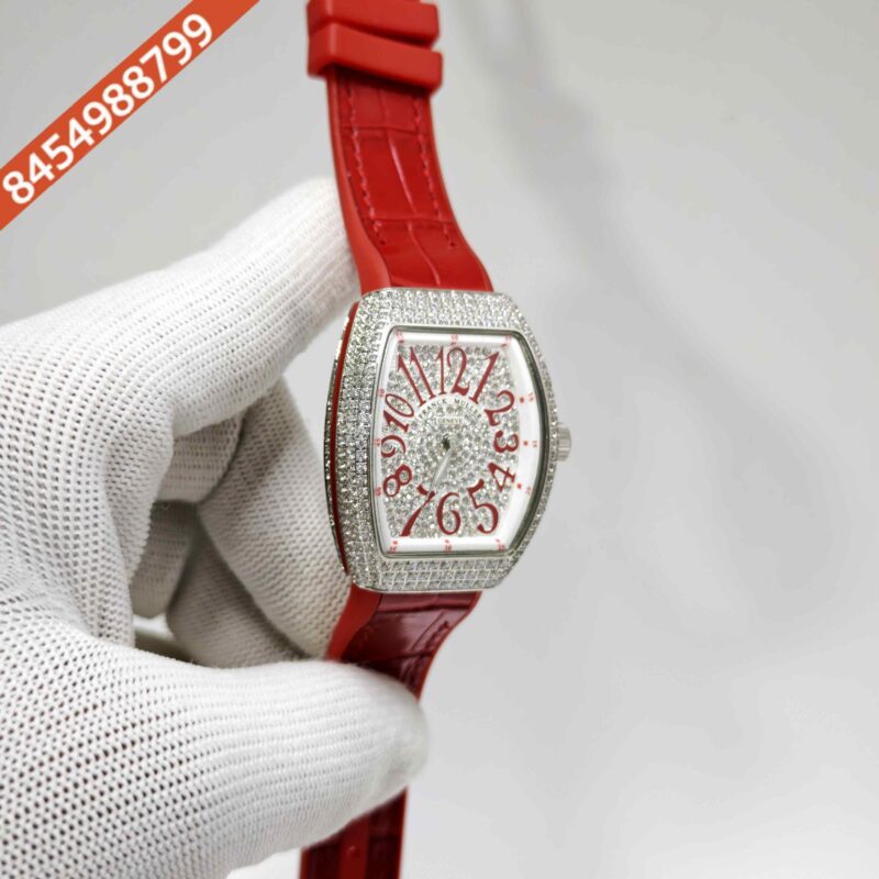 Franck muller cheap vanguard full diamond Steel Whte Diamond Dial Red Leather Strap Swiss Automatic Watch - Image 3