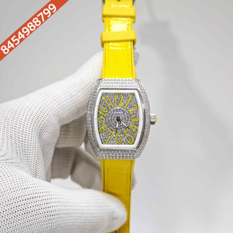 Franck muller cheap vanguard full diamond Steel Whte Diamond Dial Yellow Leather Strap Swiss Automatic Watch