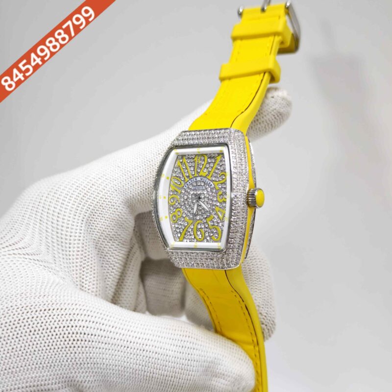 Franck muller cheap vanguard full diamond Steel Whte Diamond Dial Yellow Leather Strap Swiss Automatic Watch - Image 2
