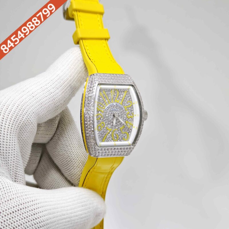 Franck muller cheap vanguard full diamond Steel Whte Diamond Dial Yellow Leather Strap Swiss Automatic Watch - Image 3