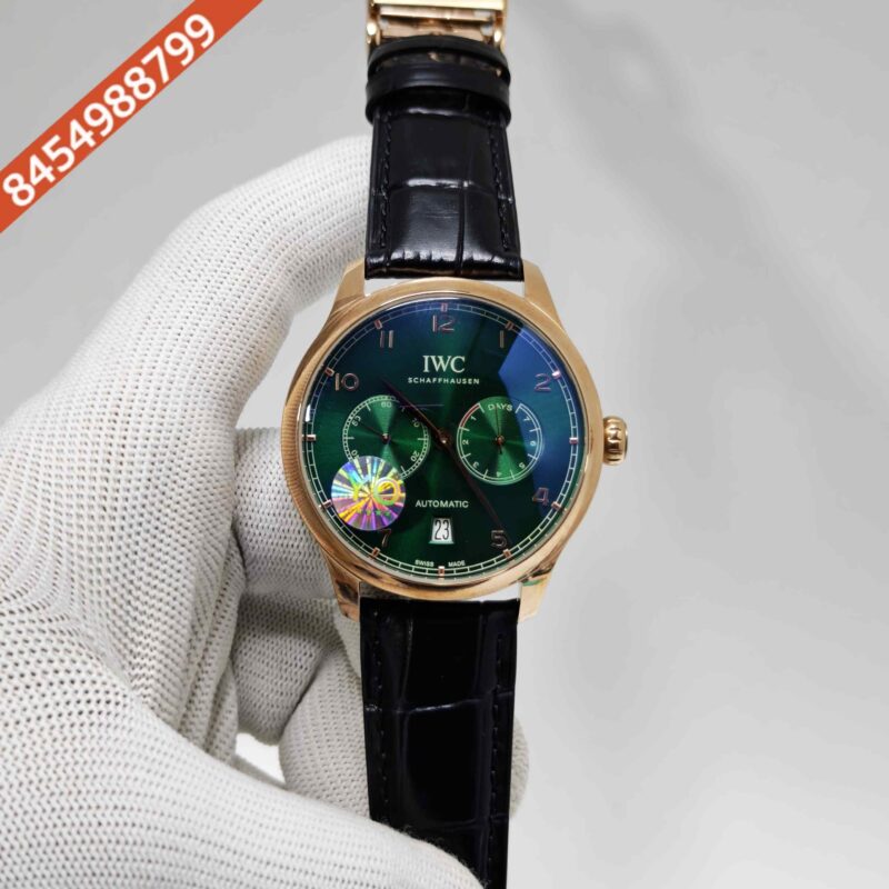 IWC Schaffhausen Portugieser Rose Gold Green Dial Black Leather Strap Swiss Automatic Watch