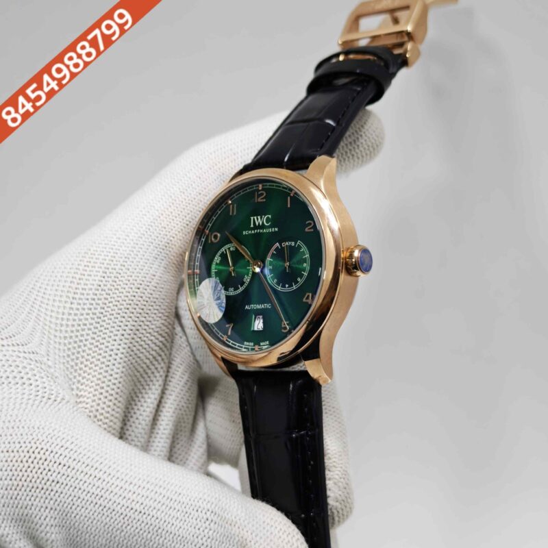 IWC Schaffhausen Portugieser Rose Gold Green Dial Black Leather Strap Swiss Automatic Watch - Image 2