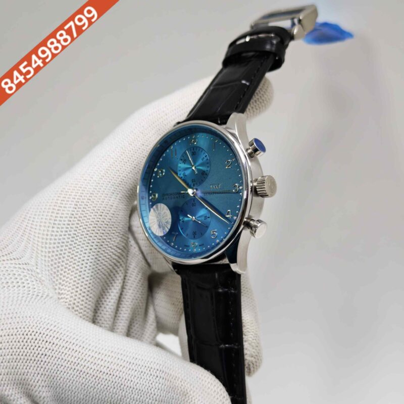 IWC Schaffhausen Portugieser Steel Blue Dial Black Leather Strap Swiss Automatic Watch - Image 2