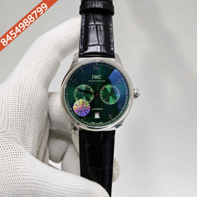 IWC Schaffhausen Portugieser Steel Green Dial Black Leather Strap Swiss Automatic Watch