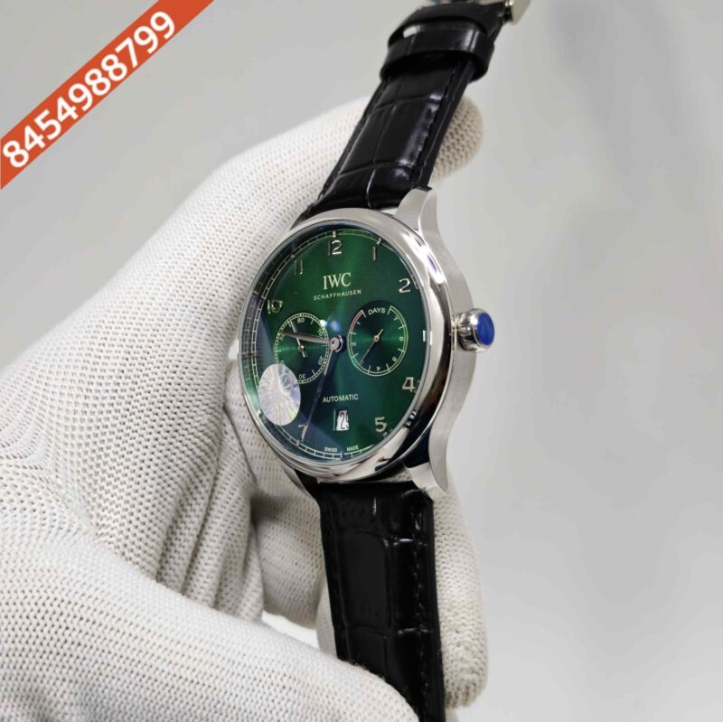 IWC Schaffhausen Portugieser Steel Green Dial Black Leather Strap Swiss Automatic Watch - Image 2