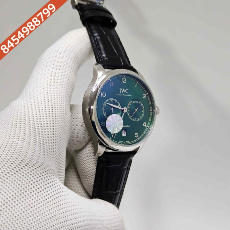 IWC Schaffhausen Portugieser Steel Green Dial Black Leather Strap Swiss Automatic Watch - Image 3