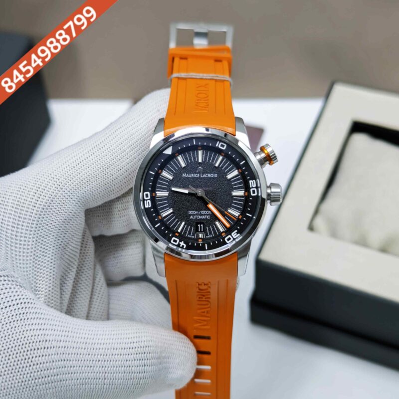Maurice Lacroix Pontus S Diver Steel Case Black Dial Orange Strap Swiss Automatic Watch
