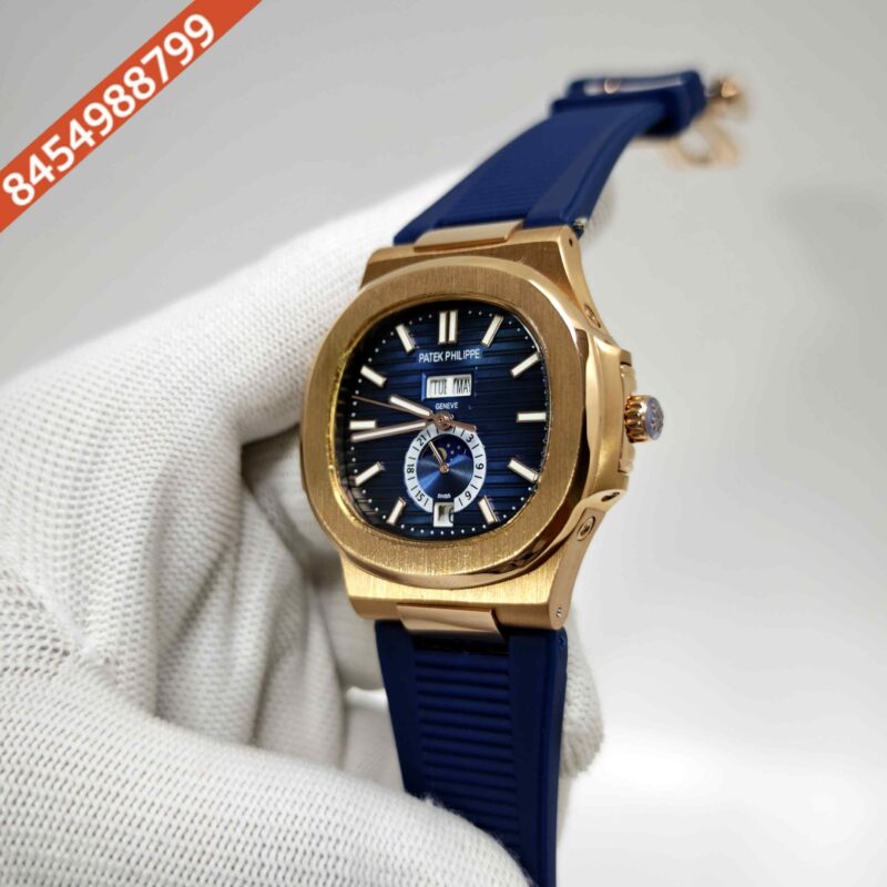 Patek Philippe Nautilus Annual Calendar Moon Phase Blue Dial Rubber Strap Swiss Automatic Watch - Image 2